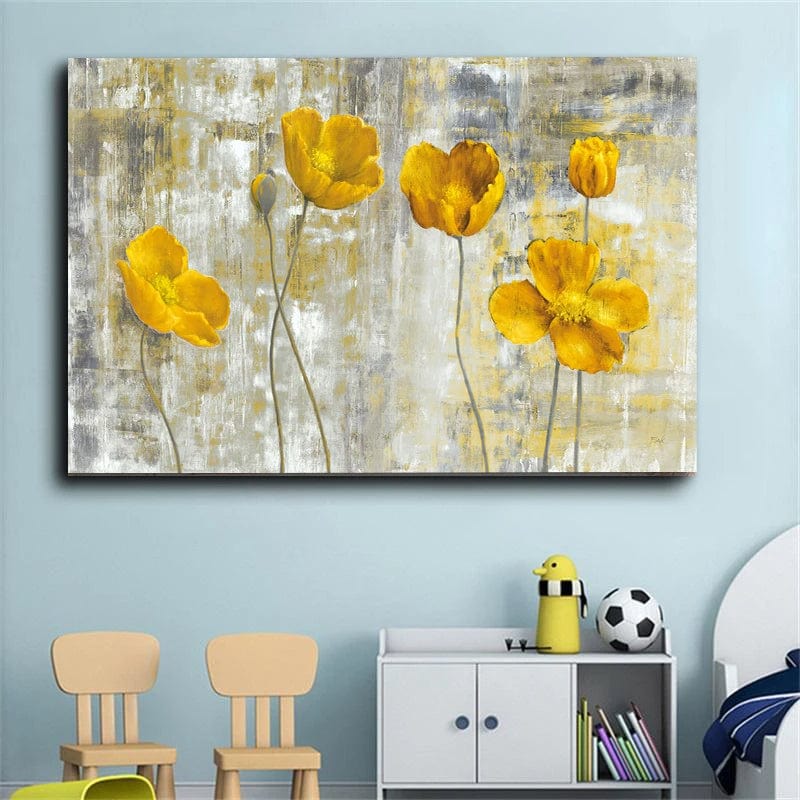 Abstract floral wall art, yellow poppy flowers on a grey textured background