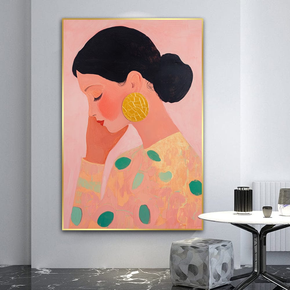 Abstract woman portrait wall art, female figure in profile with a gold earring against a pink background