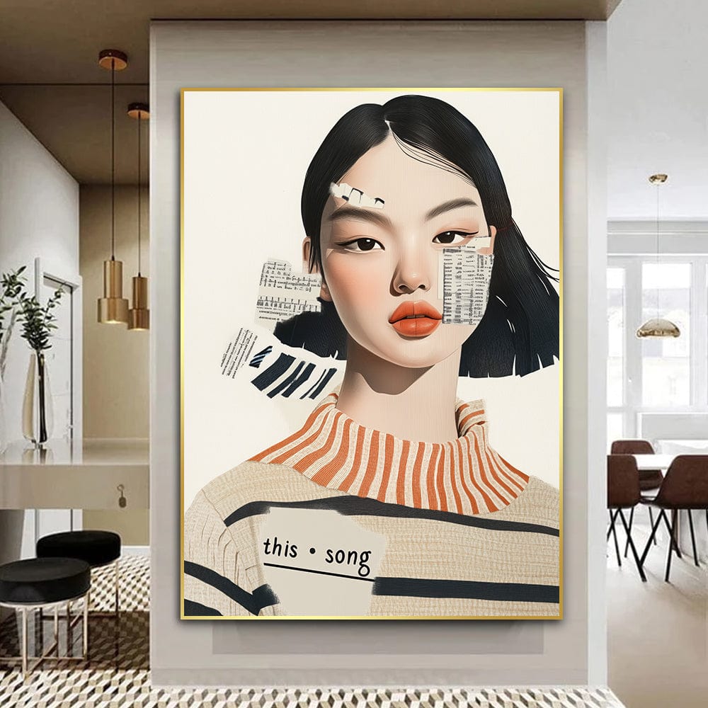 Collage woman portrait wall art, black bob, orange lips and a striped sweater with paper scraps, gold frame in a dining area