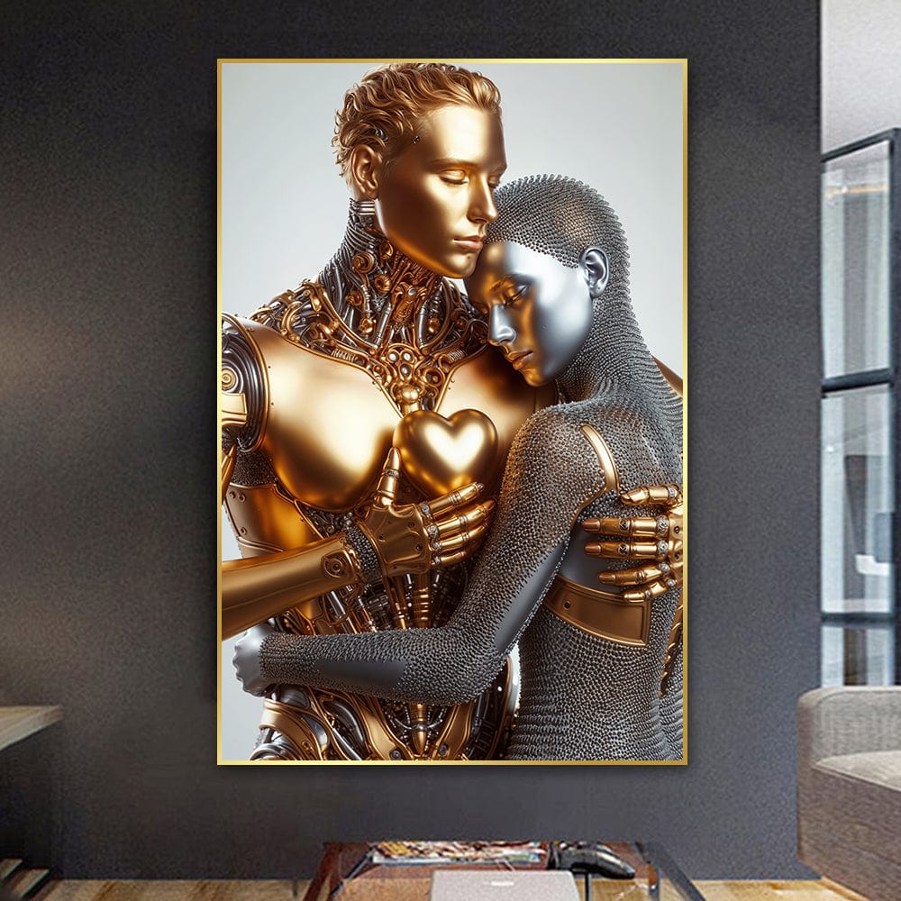 Futuristic couple portrait wall art, golden male figure embracing a silver female companion holding a heart