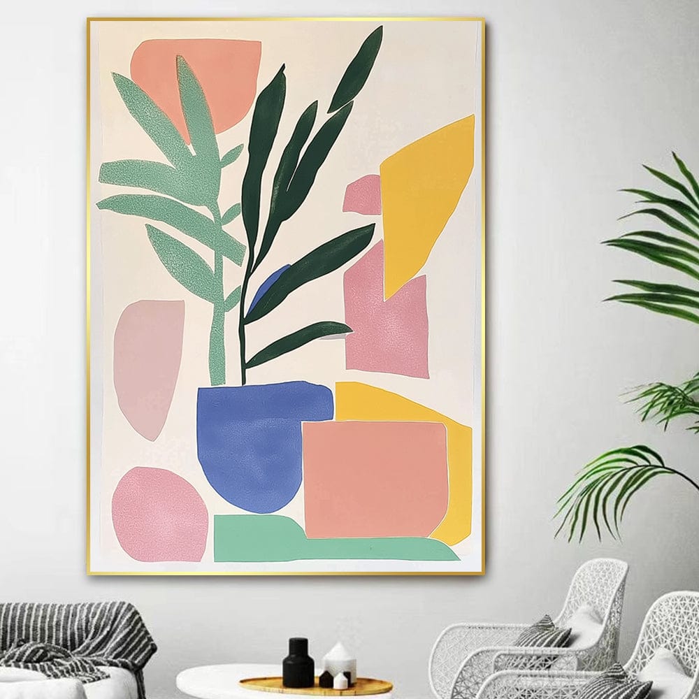 Abstract botanical wall art, potted green plant silhouette with colorful geometric shapes in pink, blue, and yellow