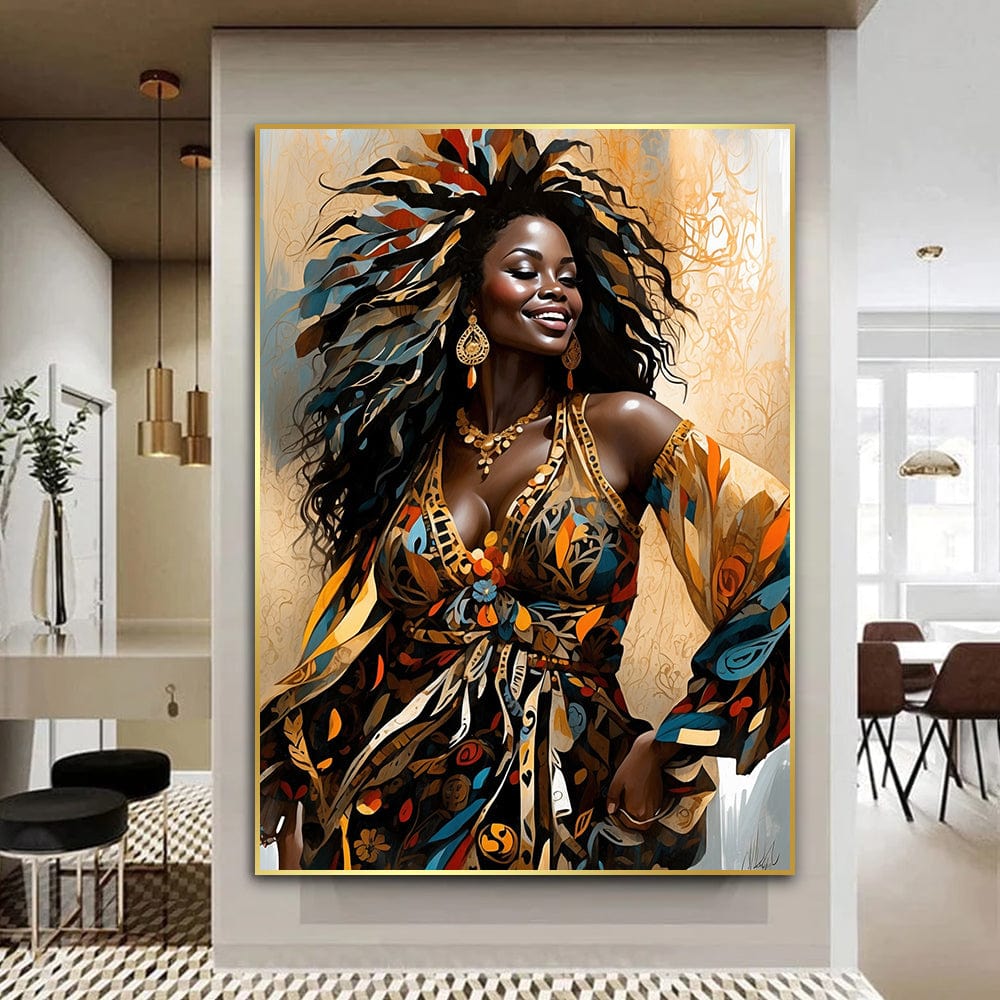 Abstract Black woman portrait wall art, smiling female dancer in a colorful patterned dress with warm orange and brown tones