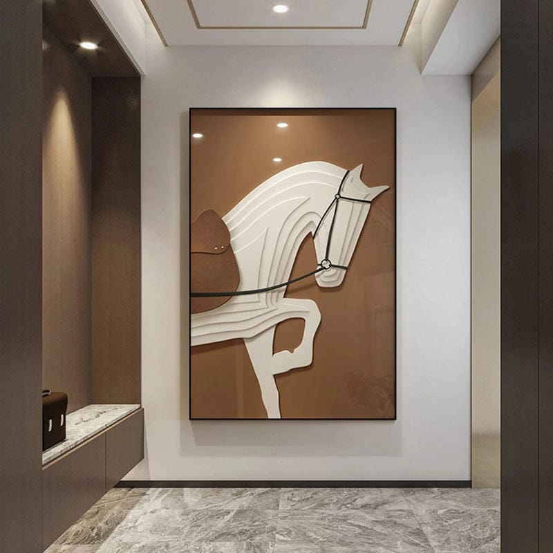 White horse sculpture wall art, minimalist equestrian portrait in motion on brown background