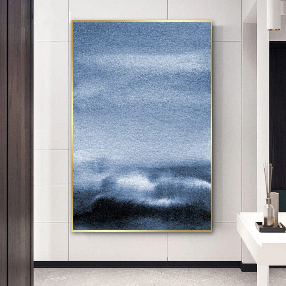 Blue ocean landscape wall art, abstract watercolor print with dark blue water and light blue sky in a gold frame