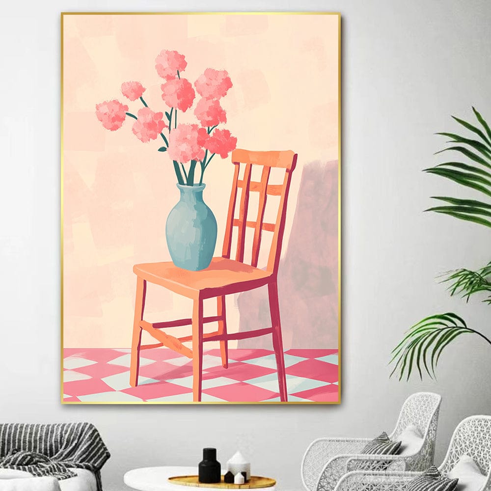 Pink floral still life wall art, blue vase with carnations on a wooden chair and checkered floor