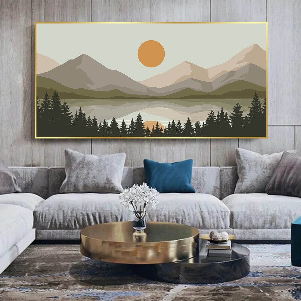 Scenic Mountain landscape wall art, minimalist print with beige mountains, green pine trees, a calm lake and a sun
