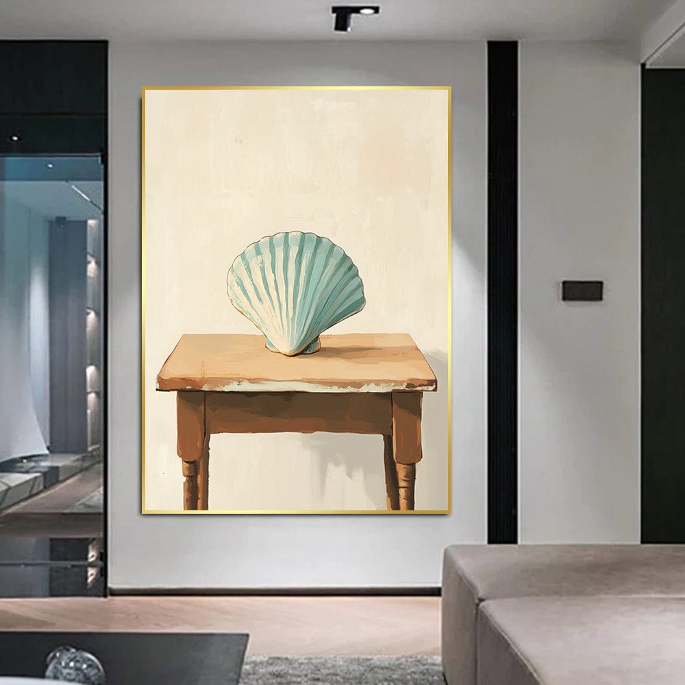 Coastal still life wall art, turquoise seashell resting on a weathered wooden table in beige and brown tones