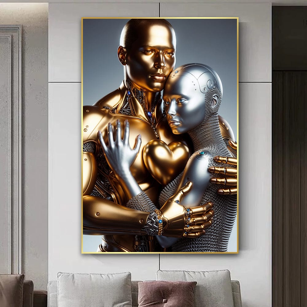 Gold and silver metallic couple portrait wall art, futuristic humanoids intertwined with a heart shape