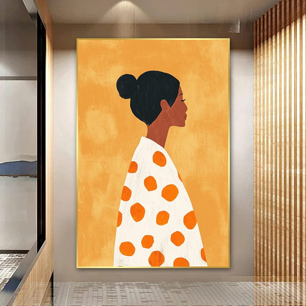 Abstract woman portrait wall art, female figure in profile with a white shawl and orange polka dots on a golden background