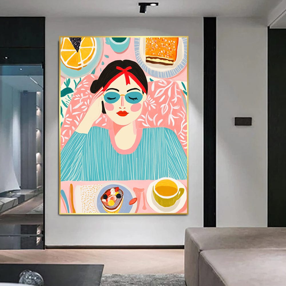 Colorful woman portrait wall art, woman lounging with sunglasses and brunch in bold pastel hues
