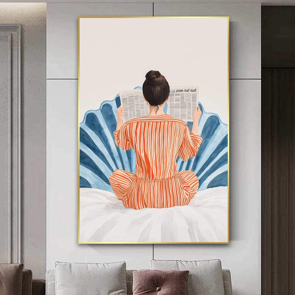 Abstract woman portrait wall art, female in orange reading a newspaper against a blue and white seashell background