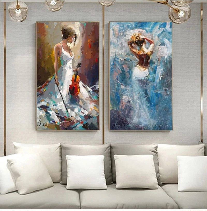Woman with violin painting set, two expressive wall art prints of women in white and blue above a white sofa