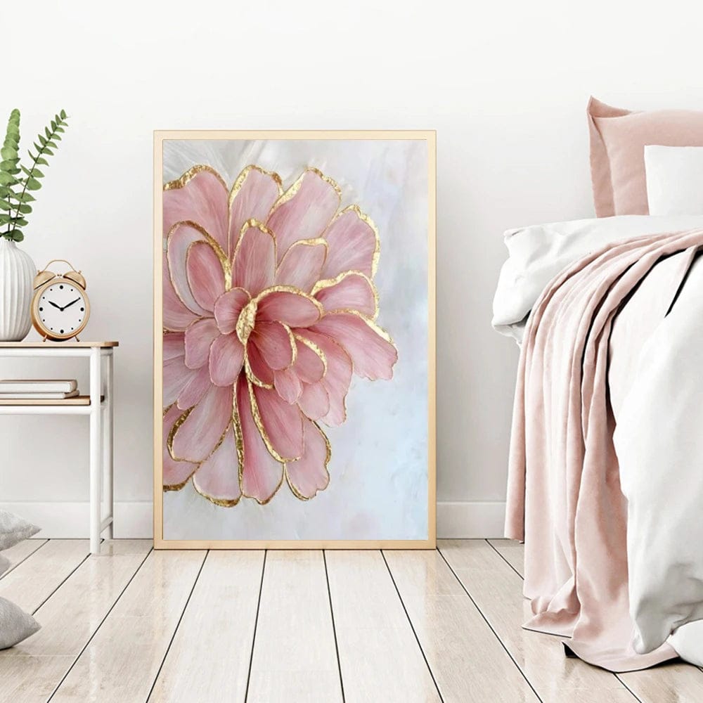 Pink floral print wall art, blooming flower with blush petals and gold edges on a light background
