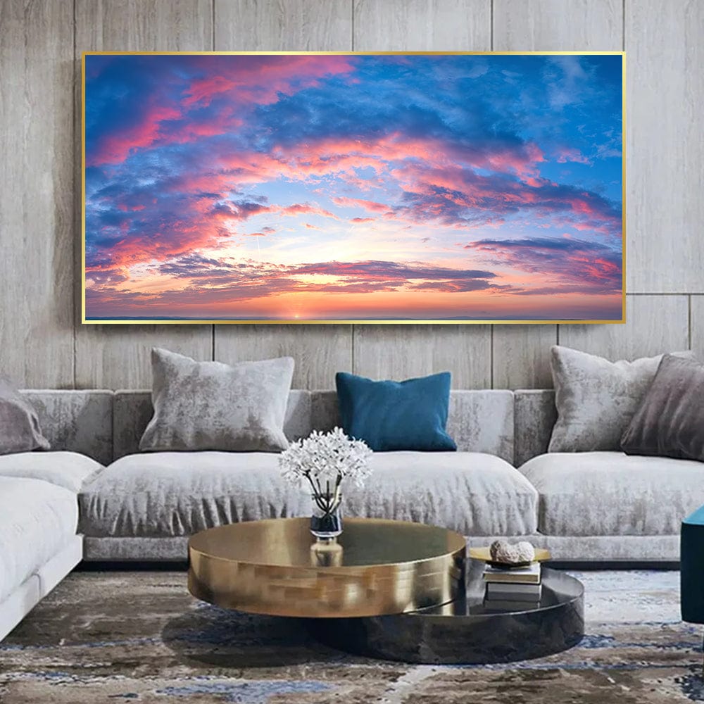 Pink and blue landscape wall art, colorful sunset with bright orange horizon and cotton candy clouds