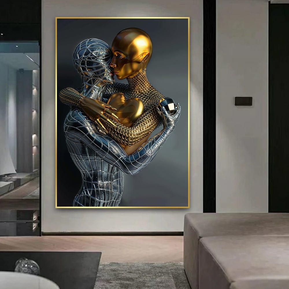 Futuristic couple portrait wall art, android couple made of silver wireframe and gold holding a heart