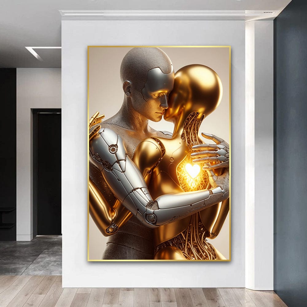 Abstract couple portrait wall art, silver and gold metallic figures embracing with glowing heart in gold frame
