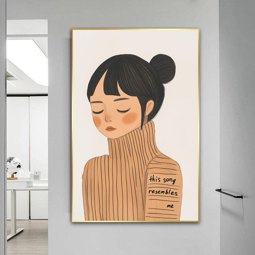 Demure woman portrait wall art, girl with dark hair in a bun wearing a brown turtleneck sweater