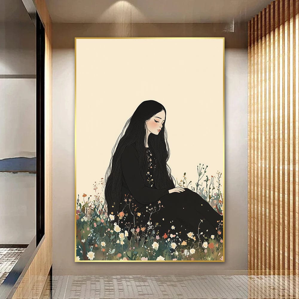 Nature woman portrait wall art, woman with long black hair sitting among wildflowers in a gold frame