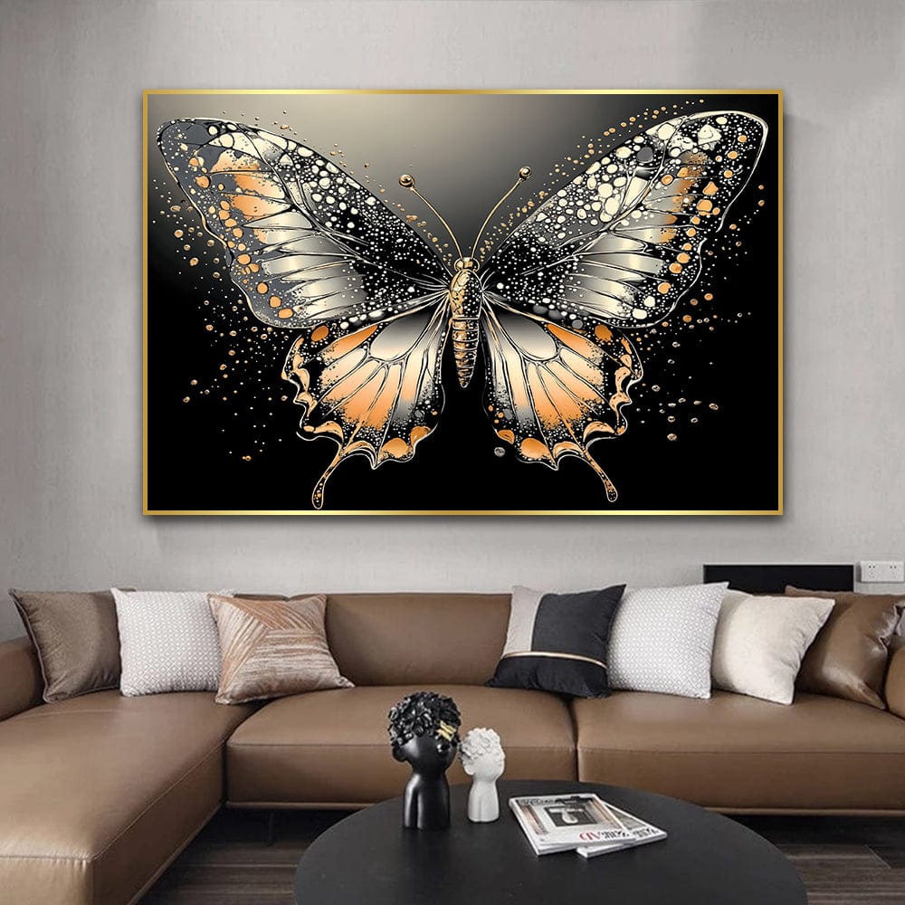 Winged Wonder wall art, orange and gold butterfly painting with soft speckles on a black background