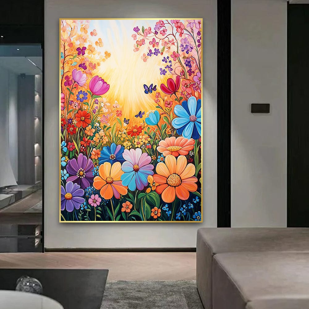 Abstract Garden wall art, vibrant floral painting featuring colorful blooming flowers and butterflies under a warm sun