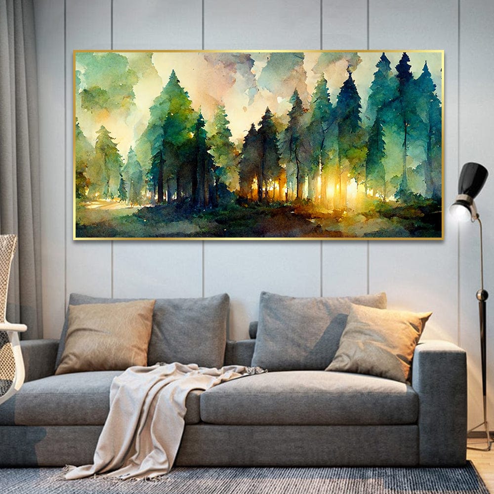 Watercolor sunset wall art, golden light over deep green pine trees