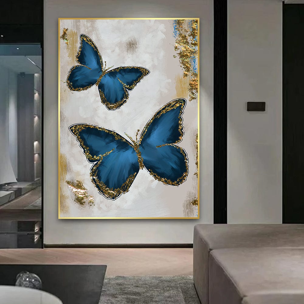 Royal Blue Butterflies wall art print, two blue butterflies with gold accents on textured background
