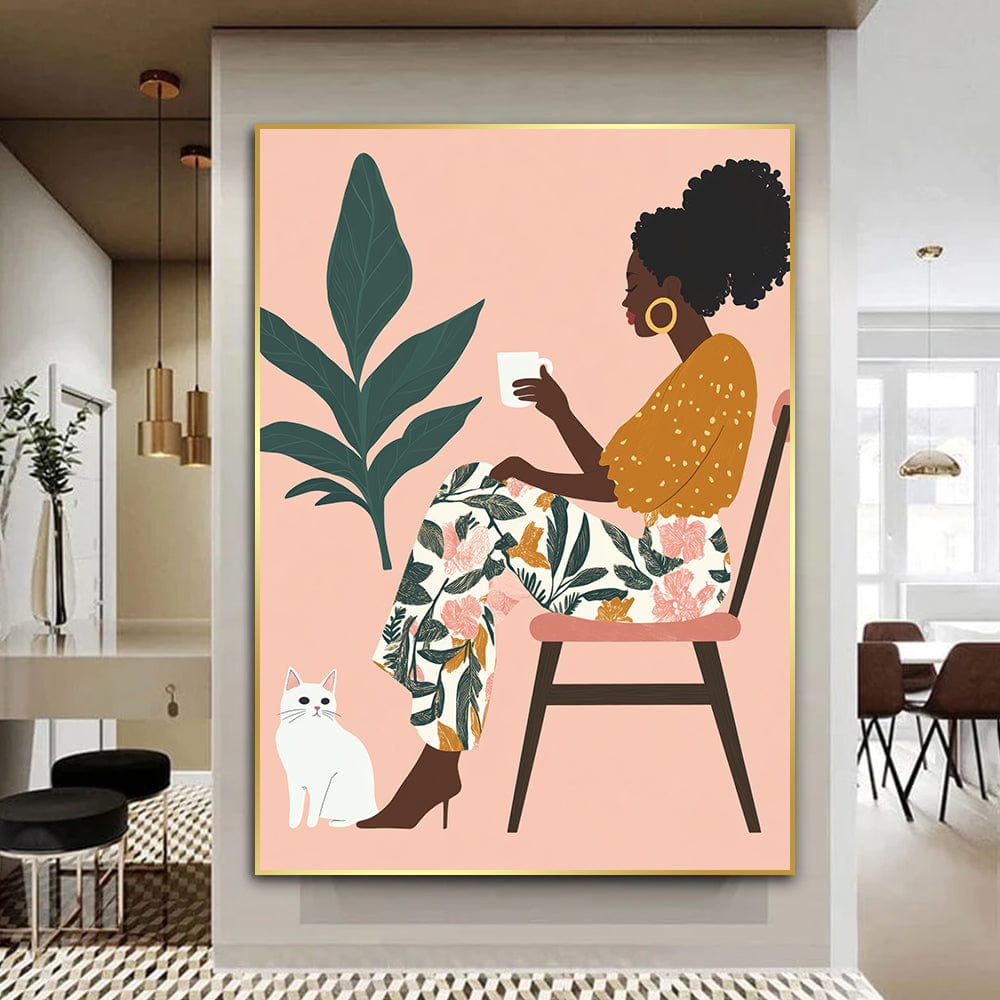 African woman portrait wall art, female sitting on a chair drinking coffee with a cat