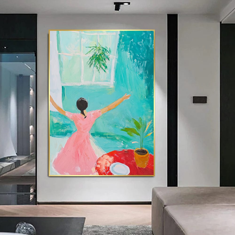Colorful woman portrait wall art, woman in a pink dress reaching towards a sunny window with blue and green tones