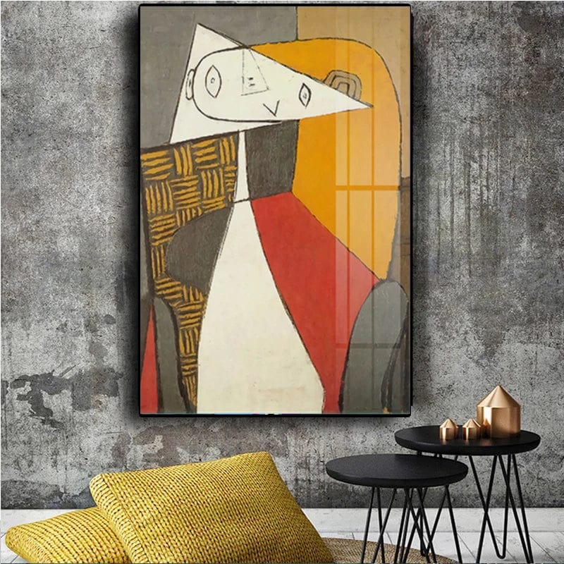 Cubist woman portrait wall art, seated female figure with a triangle face and orange hair in red, white and gray