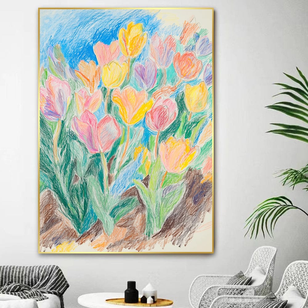 Pastel floral botanical wall art, colorful tulips in pink yellow and purple with a blue sky background