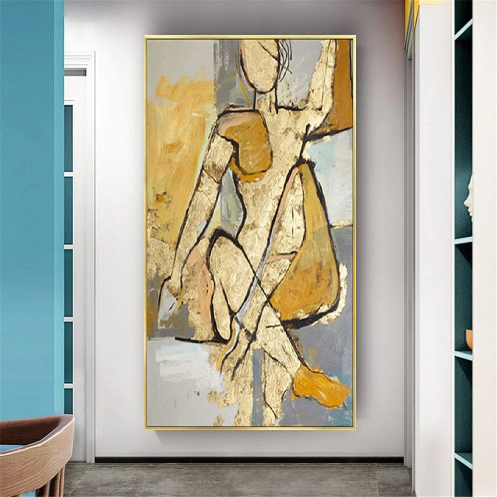 Nude female figure wall art, abstract seated woman in black line work over gold leaf, mustard and gray, in a gold frame