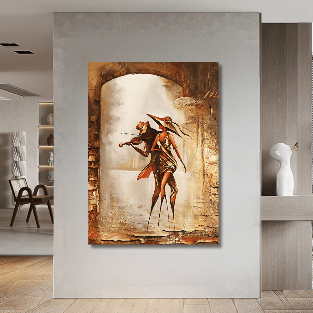 Nuit En Rythme wall art, abstract painting of a couple dancing with a violinist in warm earth tones