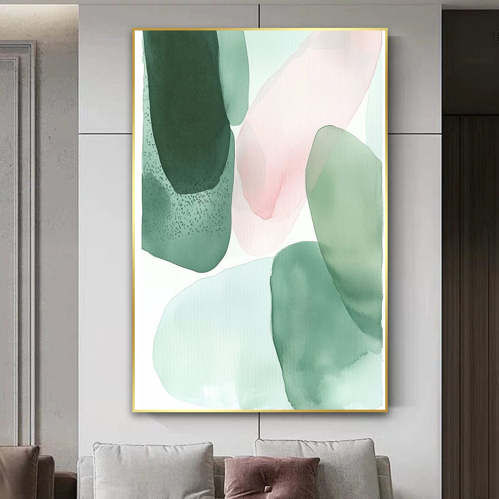 Pastel Jades wall art, abstract green and pink organic shapes and textures in a gold frame above a sofa