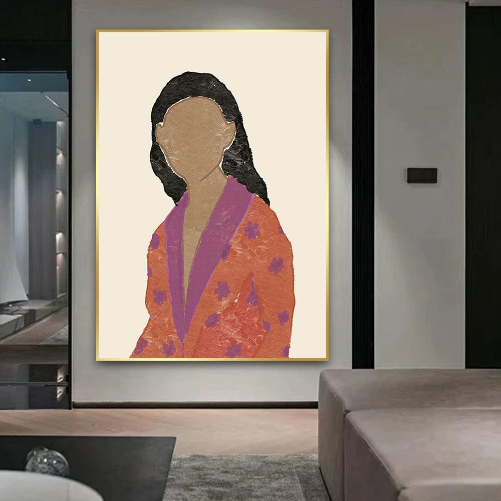 Abstract woman portrait wall art, faceless female in an orange robe with violet flowers on a beige backdrop