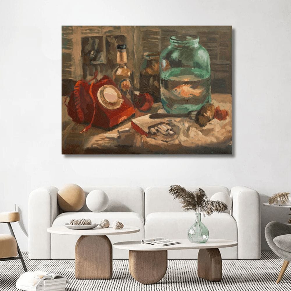 Disconnect vintage still life painting wall art, red rotary phone and goldfish in a glass jar
