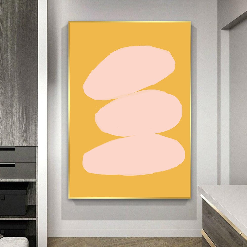 Abstract minimalist wall art, soft pink stacked shapes on a golden yellow mustard backdrop in a thin frame