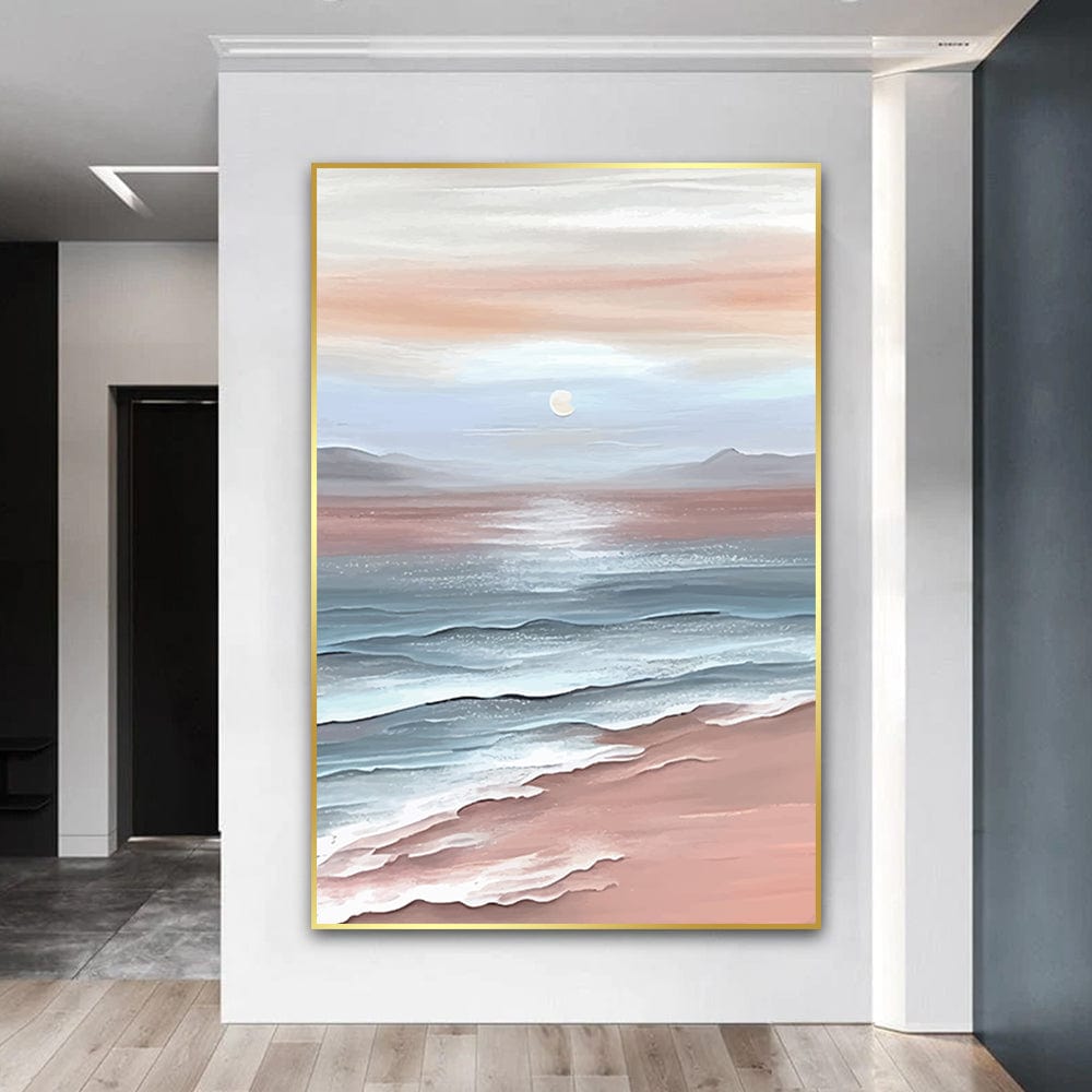 Beach Beige ocean landscape wall art, pink and beige waves hitting a sandy shore under a pale sun