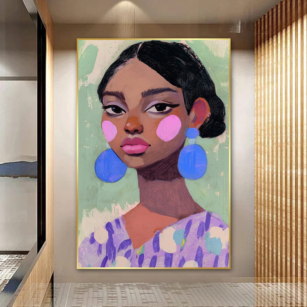 Contemporary Blush wall art, colorful woman portrait with pink cheeks and blue earrings on a green background
