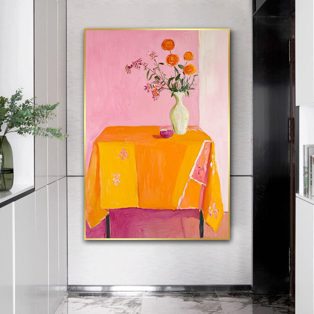 Orange and Pink floral still life print, bouquet in a vase on a table with an orange cloth against a pink wall art