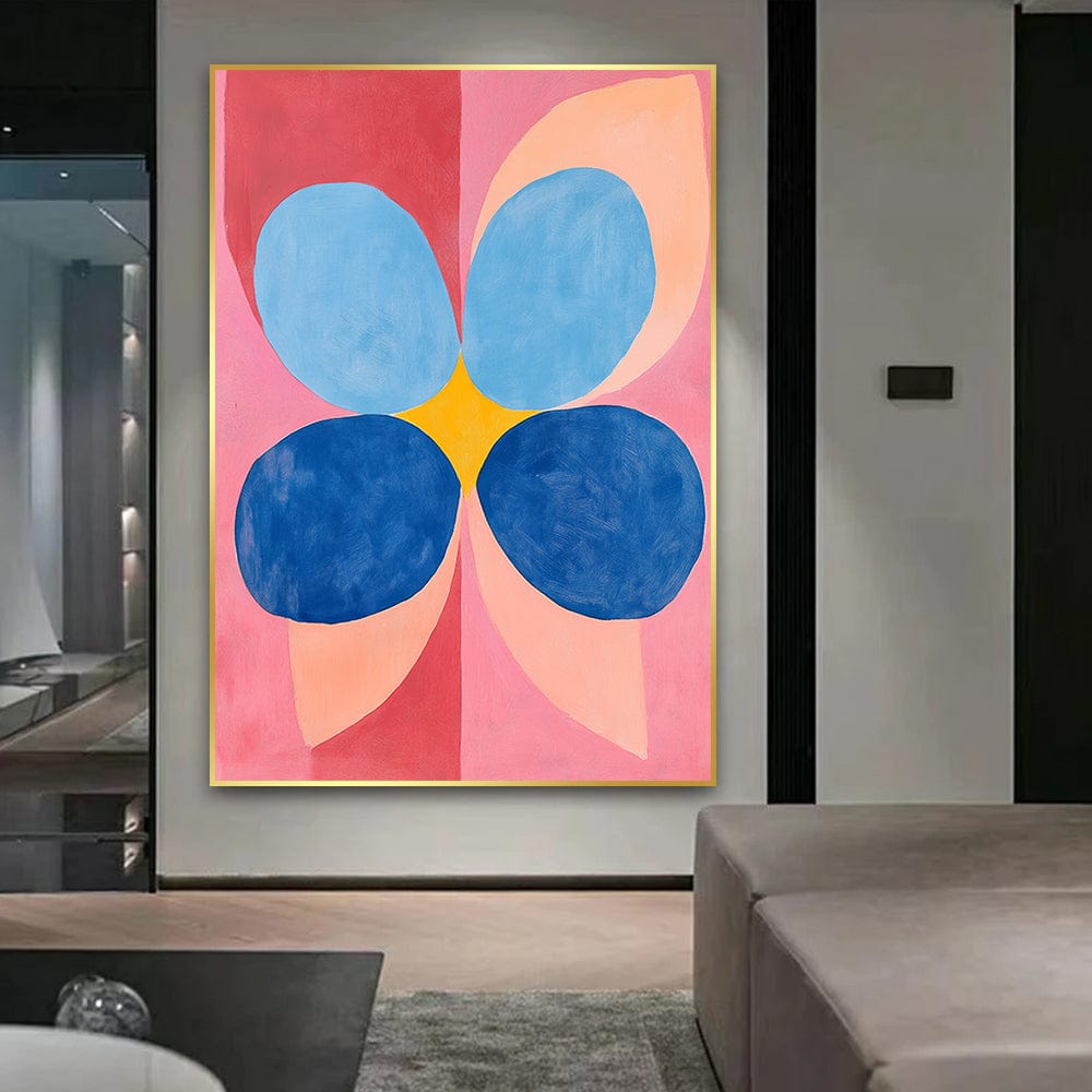 Abstract blue and pink ovals wall art print, vibrant geometric shapes on red and yellow background in a gold frame