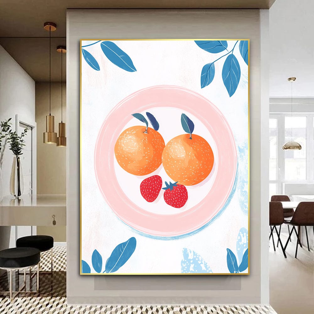Kitchen fruit wall art, oranges and strawberries on a pink plate with blue leaves