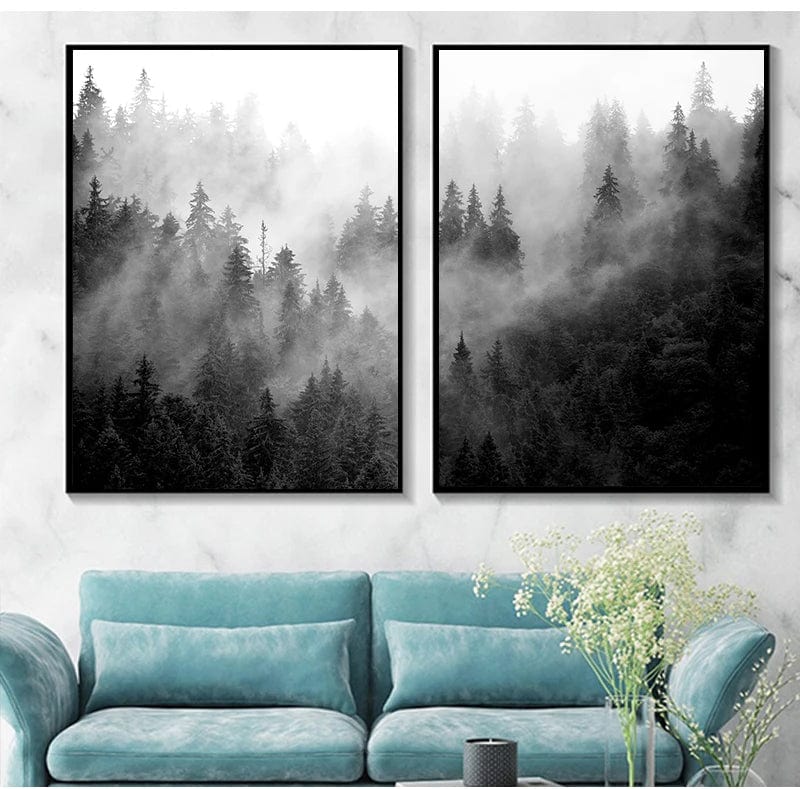 Black and white nature photography wall art, foggy pine trees in a forest landscape