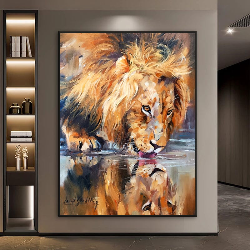 Lion portrait wall art, orange male lion drinking at the riverbank with reflection