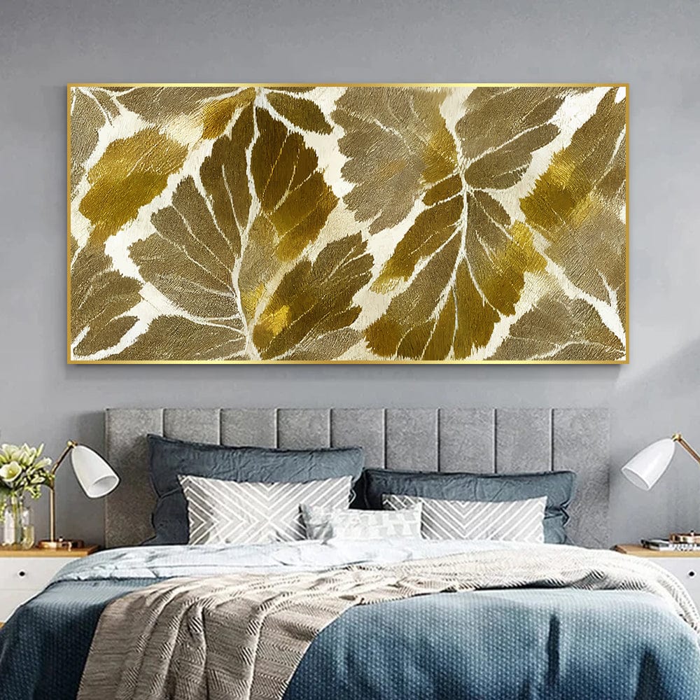 Abstract gold leaf landscape wall art, textured brown and golden foliage pattern in a wide print