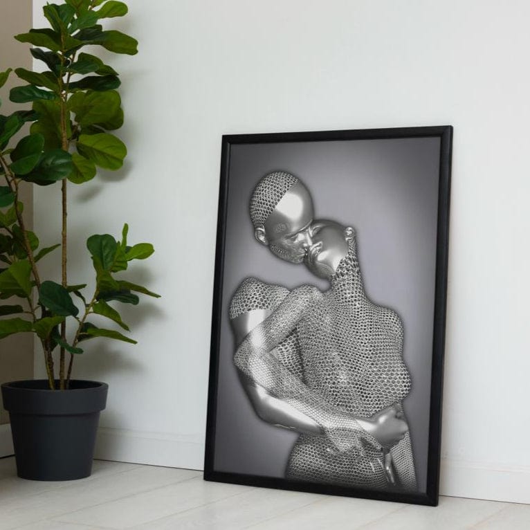 Framed artwork of a stylized human figure on a white wall with a plant and green cabinet.