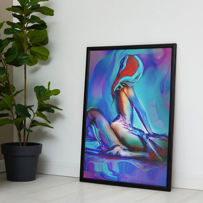 Framed abstract artwork of a person with vibrant colors next to a potted plant.