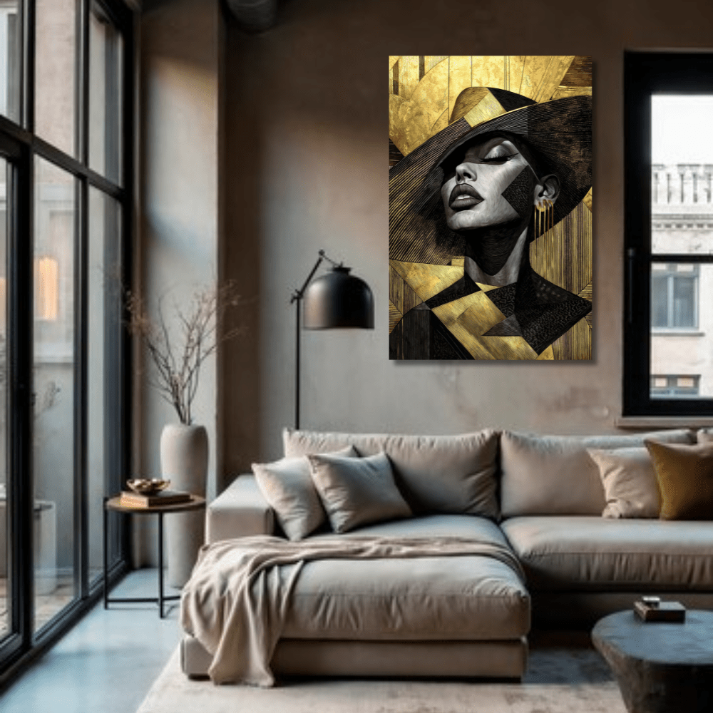 Abstract woman portrait wall art, geometric black and gold design with a stylish hat hanging in a modern living room