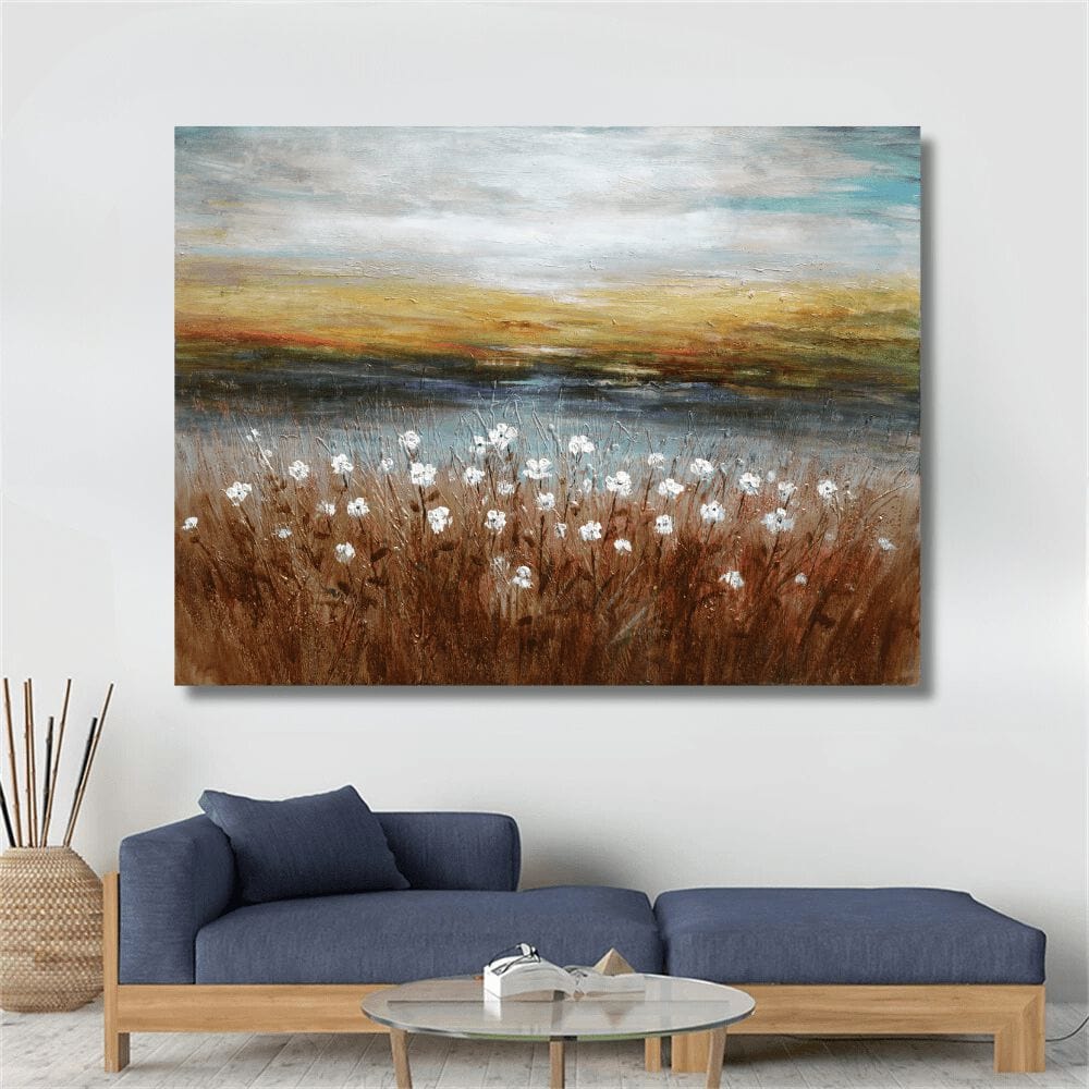 Earthy Meadows nature landscape wall art, white blossoms in a brown field under a blue and golden sky