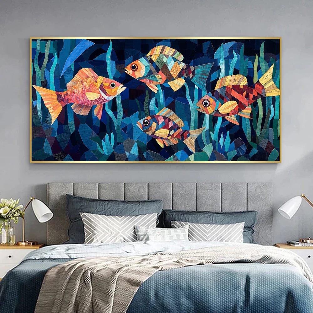 Abstract fish landscape wall art, colorful mosaic patterned fish swimming in blue water above a bed
