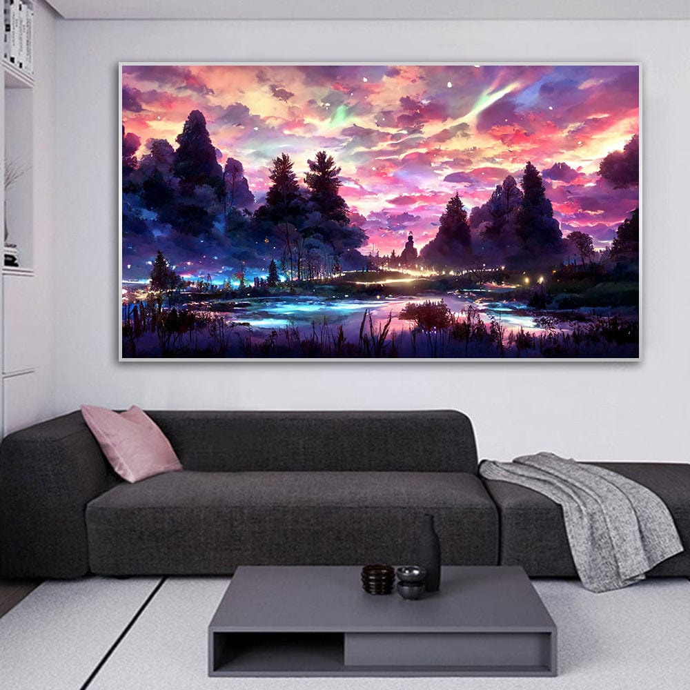 Magical landscape wall art, enchanting twilight sky over a glowing river and dark forest silhouettes